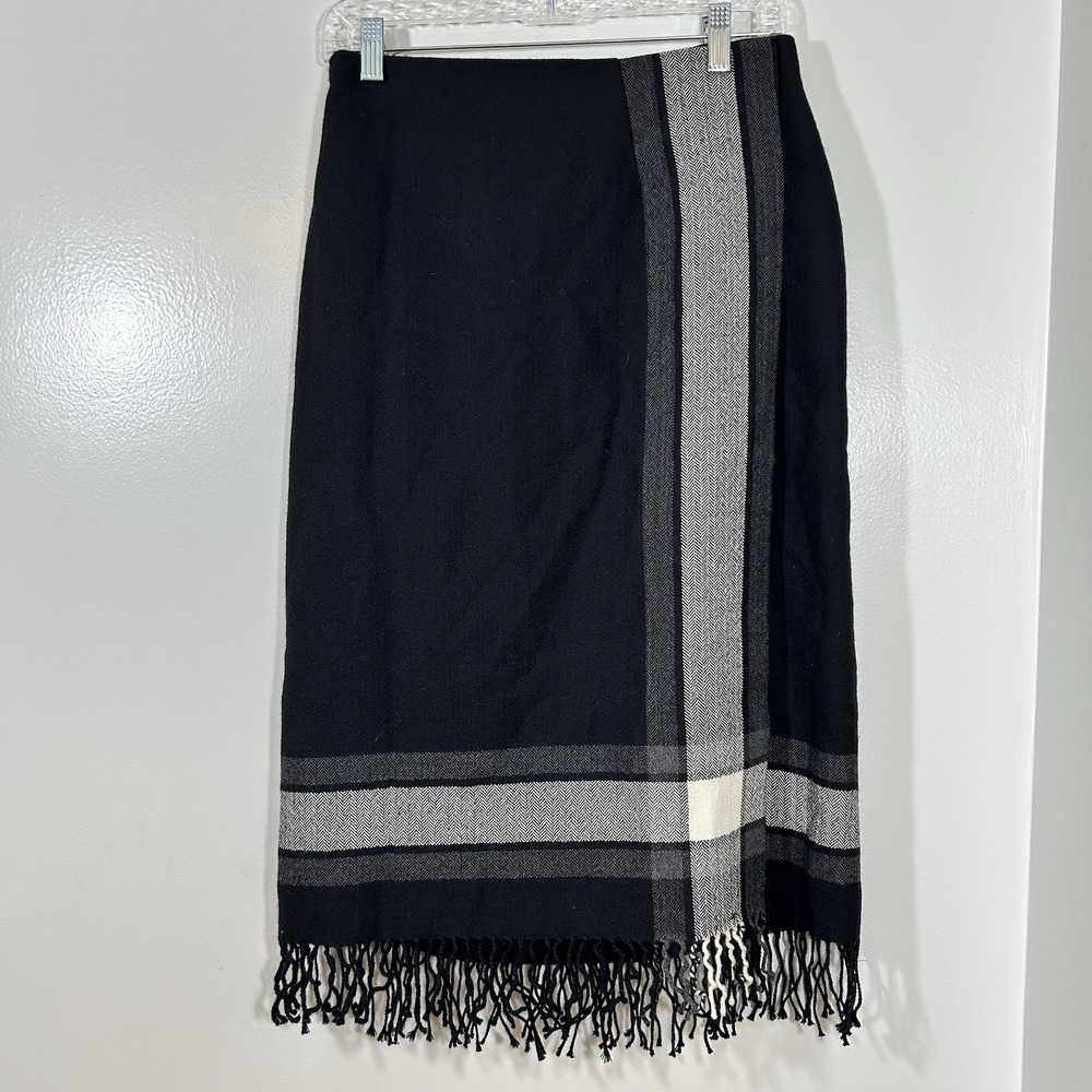 VTG DAVID N 100% Wool Women's Straight Wrap Skirt Fringe Size 8 Black Gray